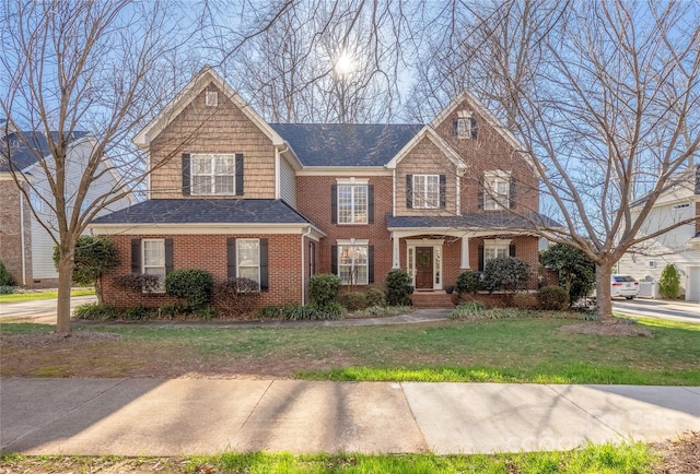 view of front of home featuring brick siding, a shingled roof, and a front yard