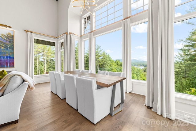 68 Cinch Knot Dr, Nebo, NC 28761 - dining space with a towering ceiling, a chandelier, plenty of natural light, and hardwood / wood-style flooring