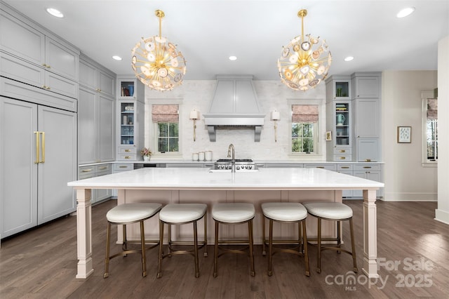 68 Cinch Knot Dr, Nebo, NC 28761 - kitchen with a chandelier, paneled built in refrigerator, custom range hood, light countertops, and recessed lighting