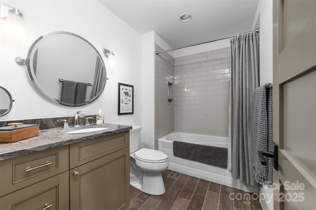68 Cinch Knot Dr, Nebo, NC 28761 - bathroom with vanity, shower / bath combo with shower curtain, toilet, and wood finished floors