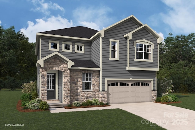 view of front of property featuring driveway, an attached garage, a front lawn, and a shingled roof