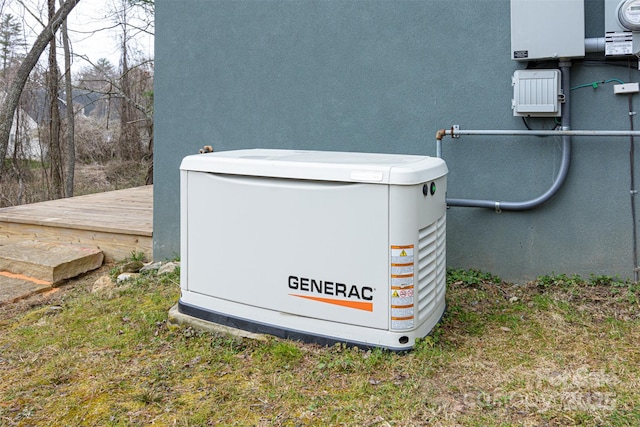 exterior details featuring a power unit and stucco siding