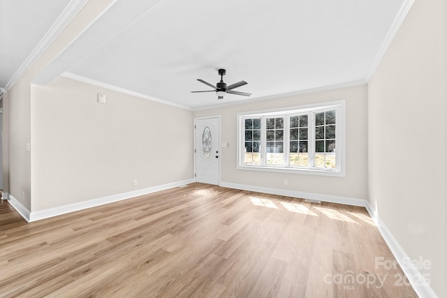 unfurnished living room with baseboards, light wood-style floors, and a ceiling fan