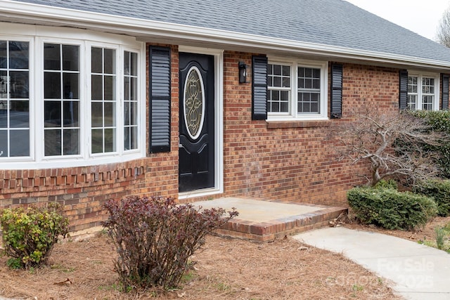 doorway to property featuring brick siding and a shingled roof