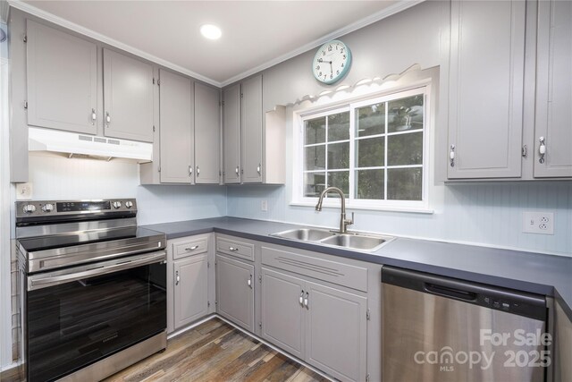 2005 Douglas Rd, Lancaster, SC 28720 - kitchen with under cabinet range hood, gray cabinets, appliances with stainless steel finishes, and a sink
