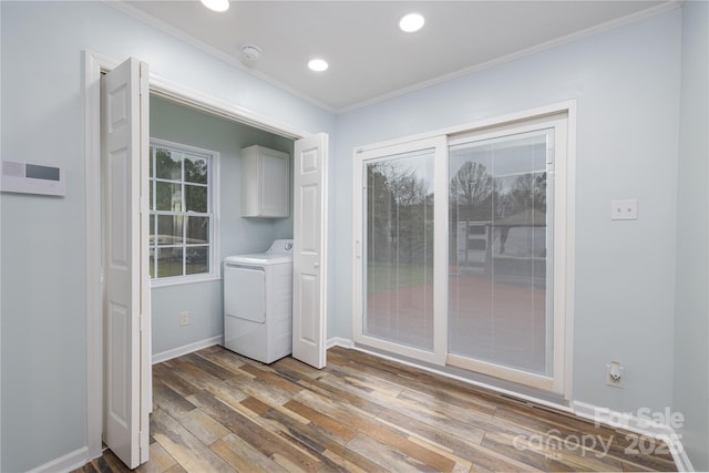 2005 Douglas Rd, Lancaster, SC 28720 - laundry room featuring ornamental molding, washer / clothes dryer, wood finished floors, recessed lighting, and baseboards