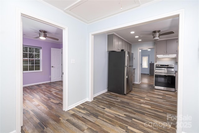2005 Douglas Rd, Lancaster, SC 28720 - kitchen with appliances with stainless steel finishes, gray cabinetry, a ceiling fan, and ornamental molding