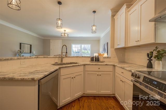 kitchen with a sink, light stone counters, under cabinet range hood, wood finished floors, and appliances with stainless steel finishes