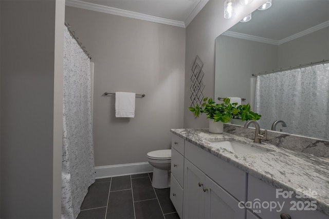 bathroom featuring toilet, ornamental molding, tile patterned flooring, baseboards, and vanity