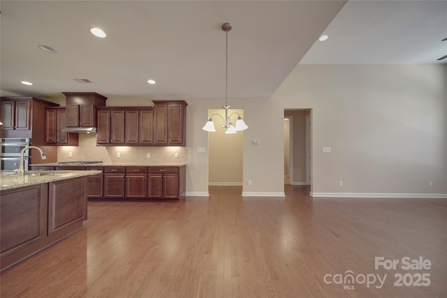 kitchen featuring a sink, under cabinet range hood, wood finished floors, appliances with stainless steel finishes, and decorative backsplash