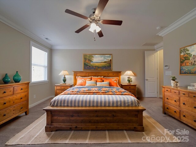 bedroom featuring a ceiling fan, baseboards, visible vents, ornamental molding, and light carpet