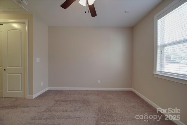 spare room featuring carpet flooring, a ceiling fan, and baseboards