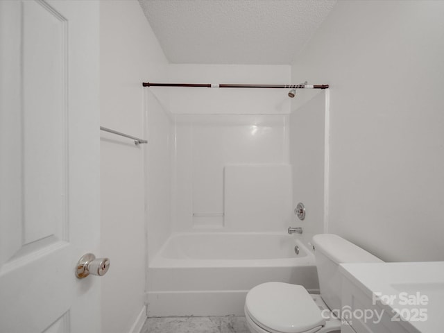 bathroom with shower / washtub combination, a textured ceiling, toilet, and marble finish floor