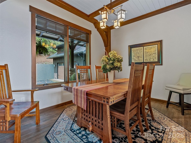 dining area with beamed ceiling, baseboards, and wood finished floors