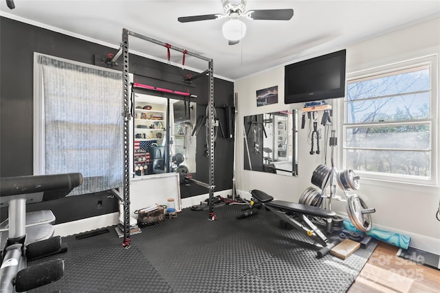 workout area featuring baseboards, a ceiling fan, and crown molding