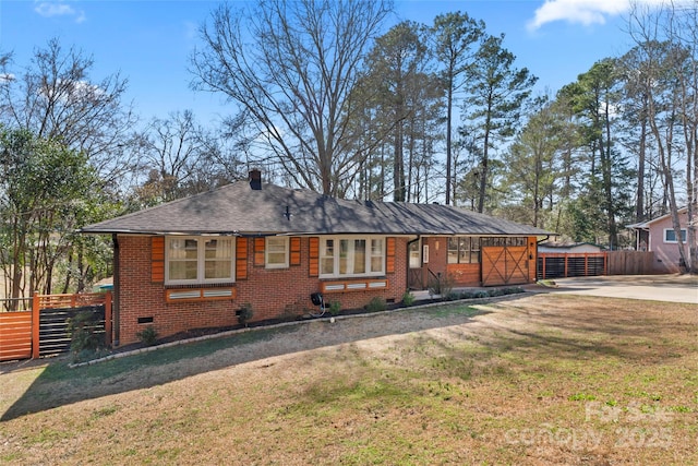 single story home with crawl space, brick siding, a front lawn, and fence