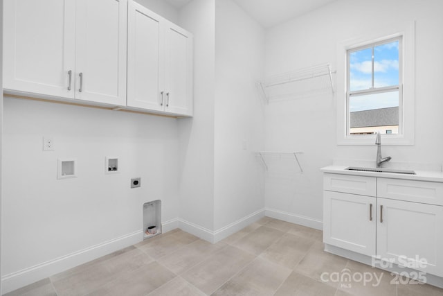 4227 Holly Cir NE, Conover, NC 28613 - clothes washing area with hookup for an electric dryer, cabinet space, a sink, baseboards, and hookup for a washing machine