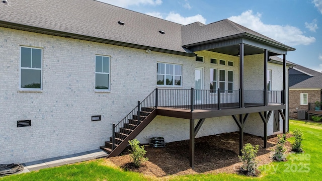 4227 Holly Cir NE, Conover, NC 28613 - back of house featuring stairway, a deck, a shingled roof, and brick siding