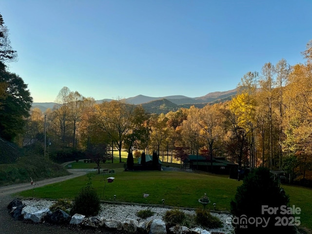 surrounding community featuring a mountain view and a lawn