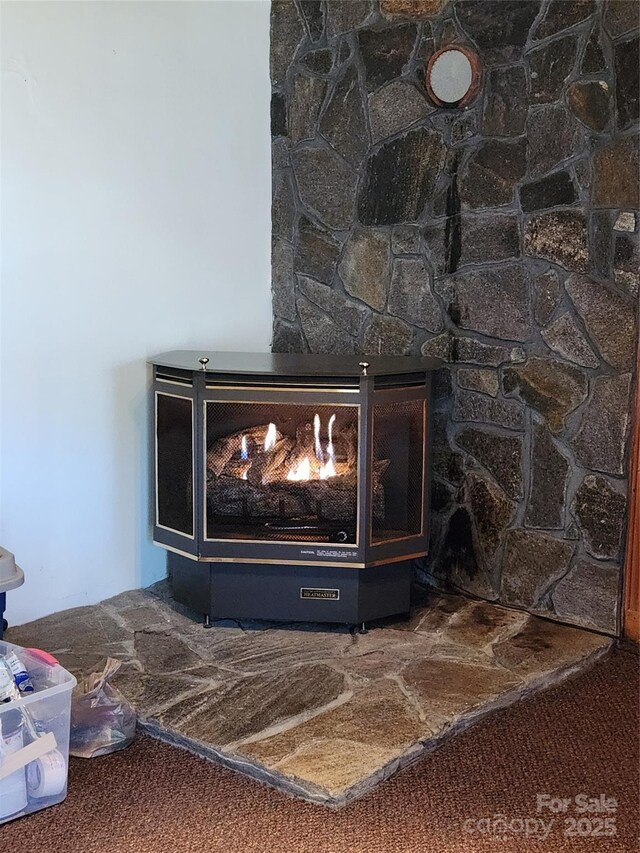 details with a stone fireplace