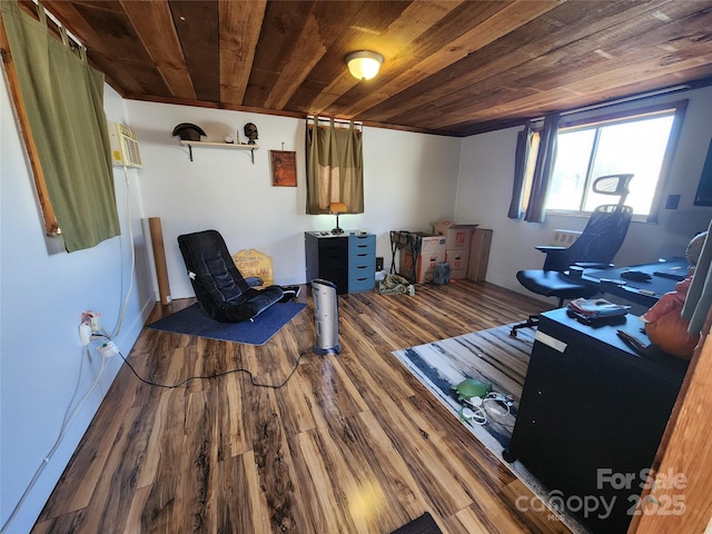 interior space with wooden ceiling and wood finished floors