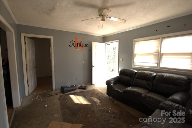 living area featuring a textured ceiling, ornamental molding, and a ceiling fan