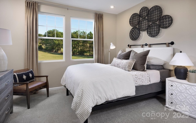 bedroom with recessed lighting, carpet, and baseboards