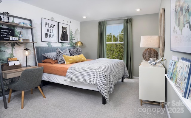 carpeted bedroom featuring recessed lighting