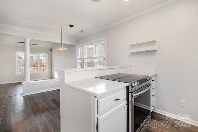 kitchen with stainless steel electric range oven, a peninsula, open shelves, decorative columns, and dark wood-style flooring