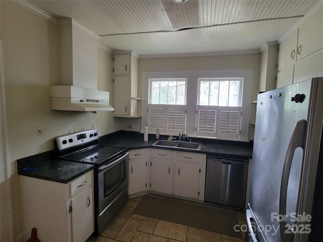 kitchen featuring a sink, dark countertops, stone tile floors, stainless steel appliances, and white cabinets