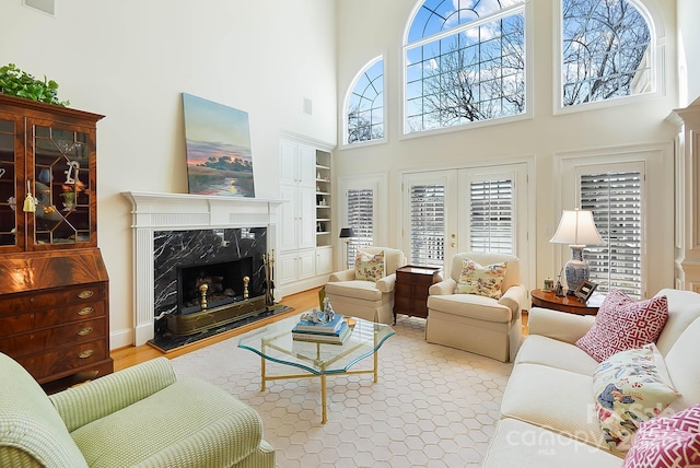 living room with french doors, a healthy amount of sunlight, wood finished floors, and a fireplace