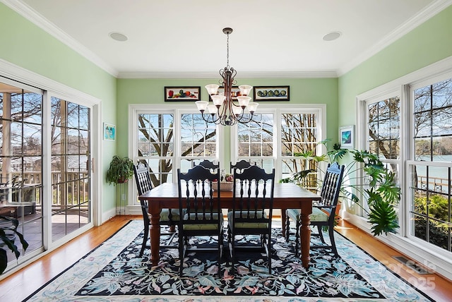 dining room featuring a wealth of natural light, wood finished floors, a chandelier, and ornamental molding