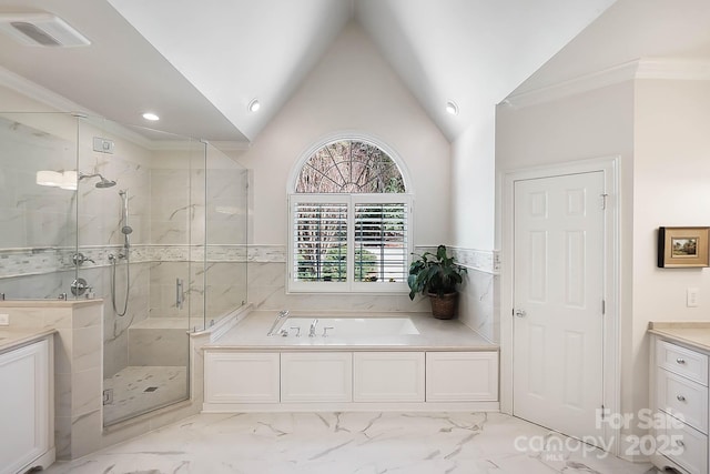 full bath featuring visible vents, a shower stall, marble finish floor, and a garden tub