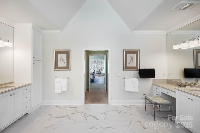 bathroom featuring visible vents, baseboards, marble finish floor, and vaulted ceiling