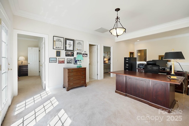 home office featuring visible vents, light carpet, and crown molding