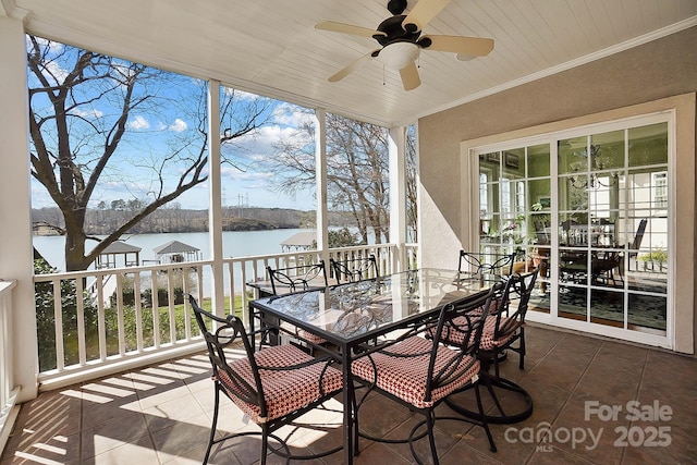 unfurnished sunroom featuring plenty of natural light, wood ceiling, and a water view