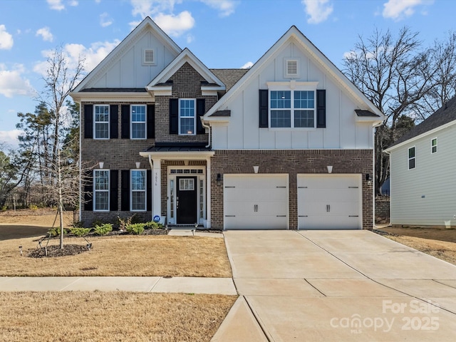 view of front of property featuring a garage, brick siding, board and batten siding, and concrete driveway