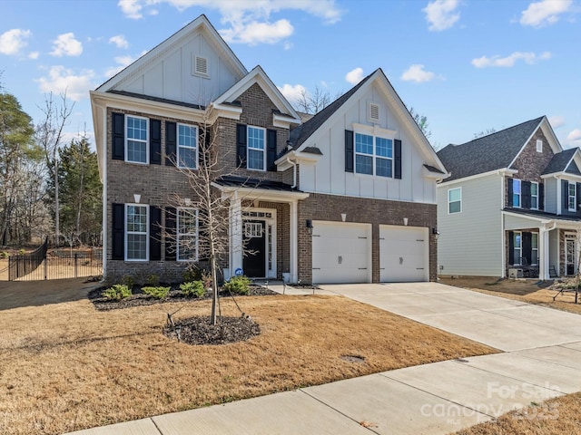 view of front of property with brick siding, board and batten siding, driveway, and fence