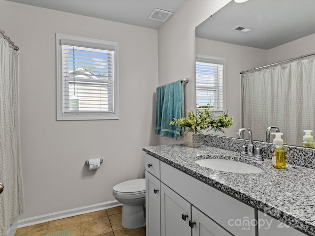 full bathroom featuring tile patterned flooring, visible vents, toilet, and baseboards