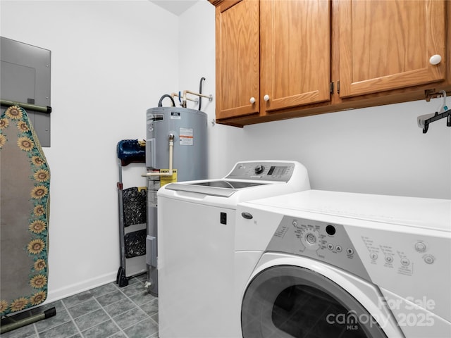 washroom featuring washing machine and clothes dryer, baseboards, water heater, electric panel, and cabinet space