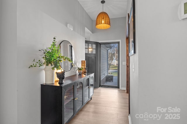 foyer entrance with baseboards and light wood-style floors