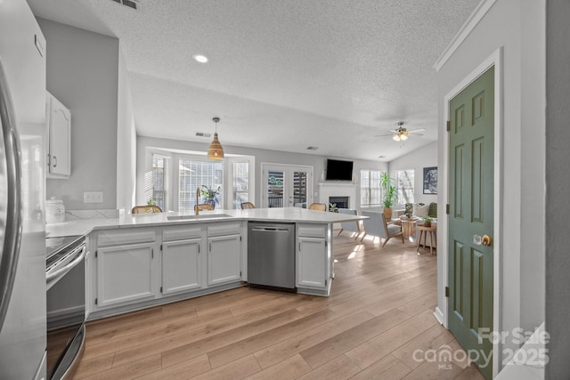 kitchen with light wood-type flooring, a sink, appliances with stainless steel finishes, a peninsula, and a fireplace