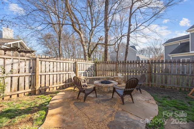 view of patio / terrace featuring a fire pit and a fenced backyard