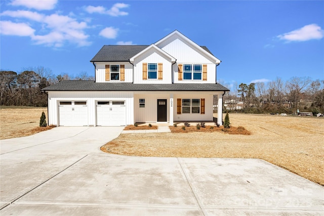 modern farmhouse featuring a porch, concrete driveway, and a shingled roof