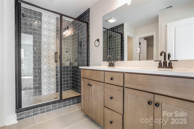 full bath featuring tile patterned flooring, visible vents, a stall shower, and a sink