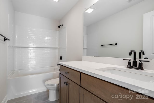 bathroom with visible vents, toilet, tile patterned floors, vanity, and  shower combination