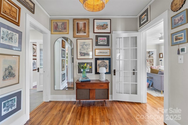 hall with wood finished floors and crown molding