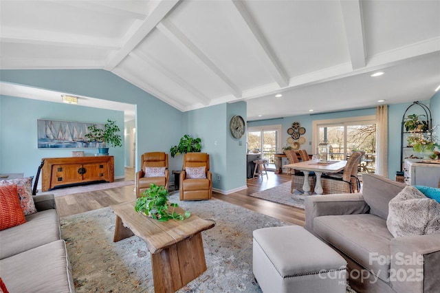 living area featuring recessed lighting, baseboards, wood finished floors, and vaulted ceiling with beams