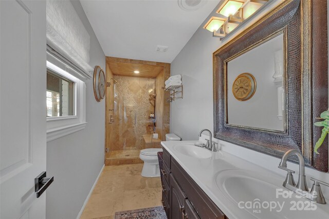 bathroom featuring double vanity, a shower stall, toilet, and a sink