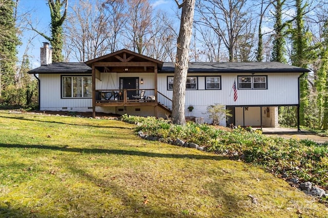 single story home featuring crawl space, a chimney, a front lawn, and a carport